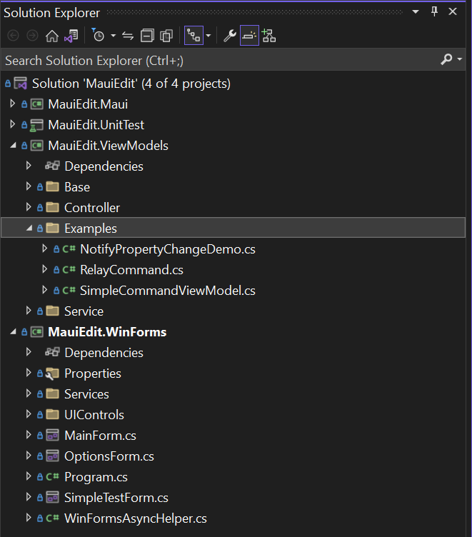 Screenshot of the sample app in the solution explorer showing the 4 projects .NET MAUI, WinForms, UnitTest and ViewModel.