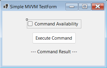 A WinForms form in the Designer with a CheckBox, a Button, a Label, serving as a sample MVVM view.