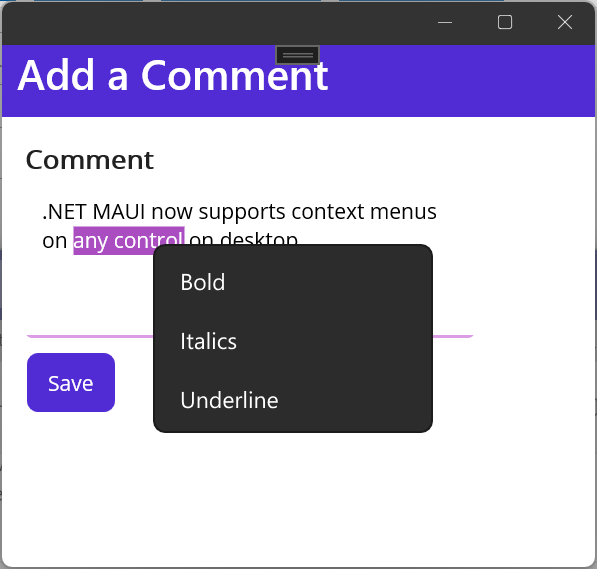 Context menu showing bold, italics and underline