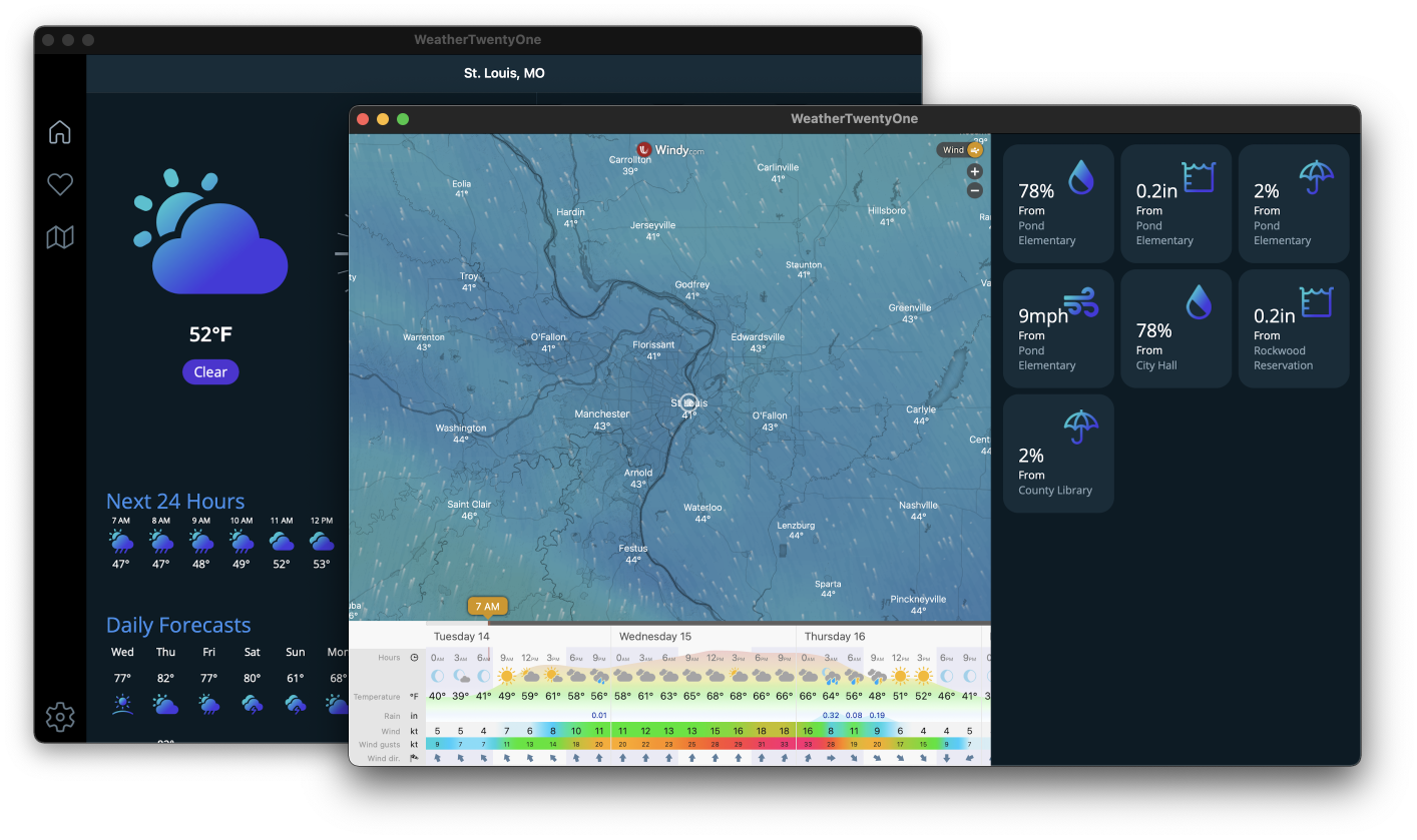 Image of weather app with two windows showing detailed information.