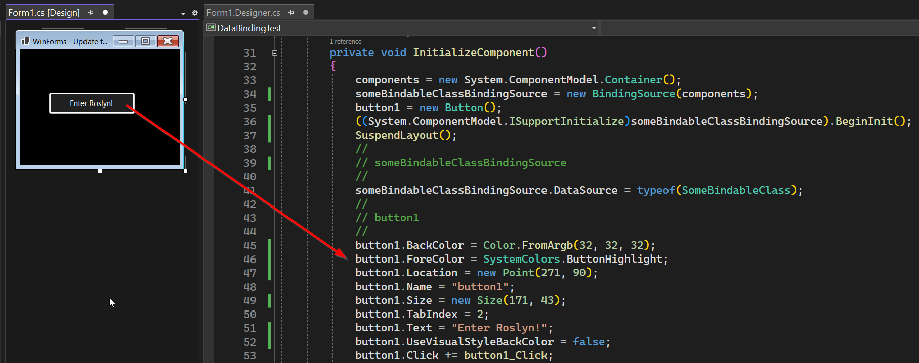 Screenshot of a WinForms Form with a Button and the respective generated code in InitializeComponent