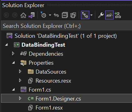 Screenshot of a WinForms Form code-behind Designer file in the Solution Explorer