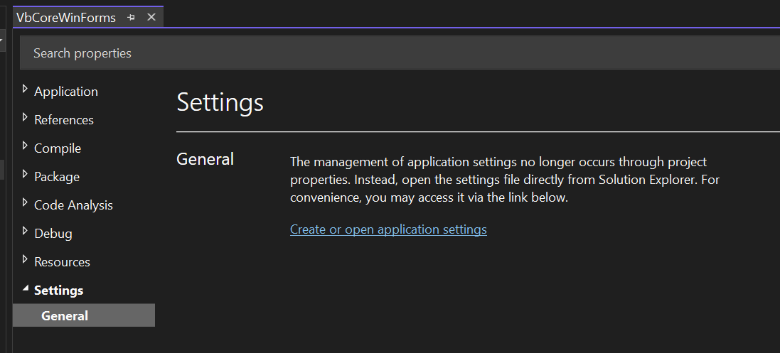 Screenshot of the Settings section in the Application Framework project's property pages