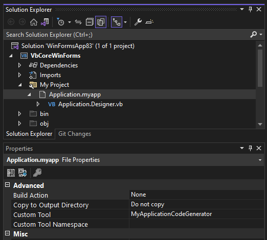 Screenshot of solution explorer showing the properties for the Application.myapp file.