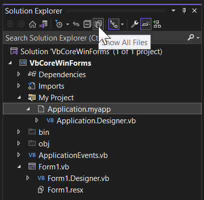 Screenshot of solution explorer showing the Application.myapp file.
