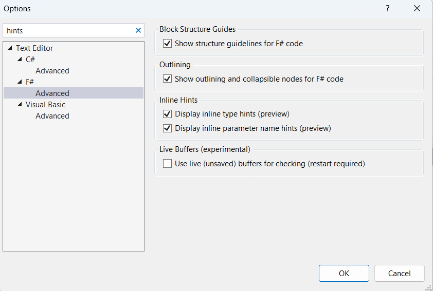 Image with Visual Studio settings for F# Hints