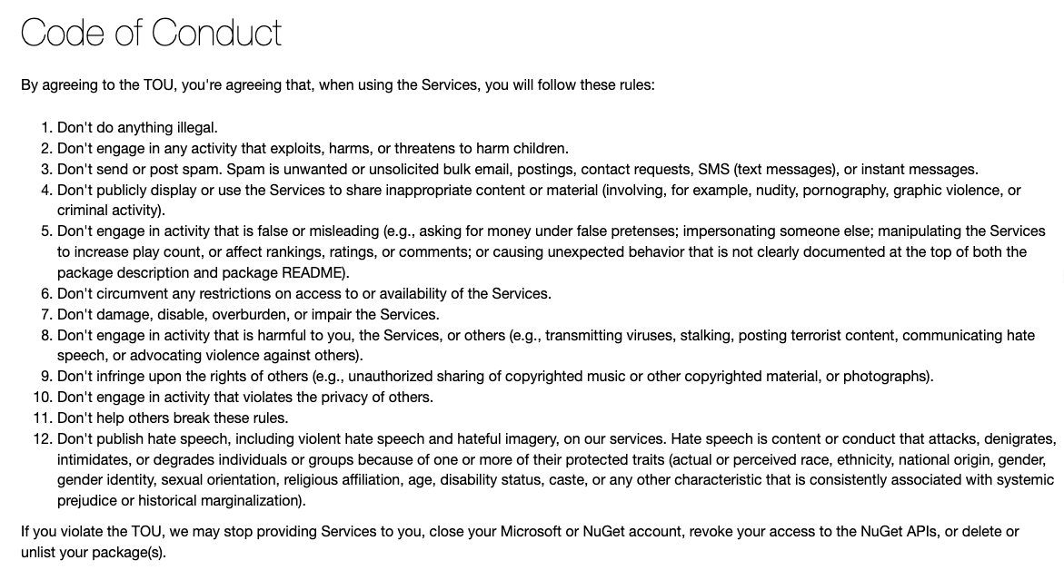 NuGet.org Terms of Service Update on Unexpected Behavior and Hate Speech