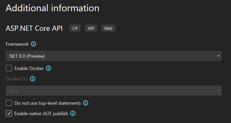 Options for the new ASP.NET Core API project template in Visual Studio