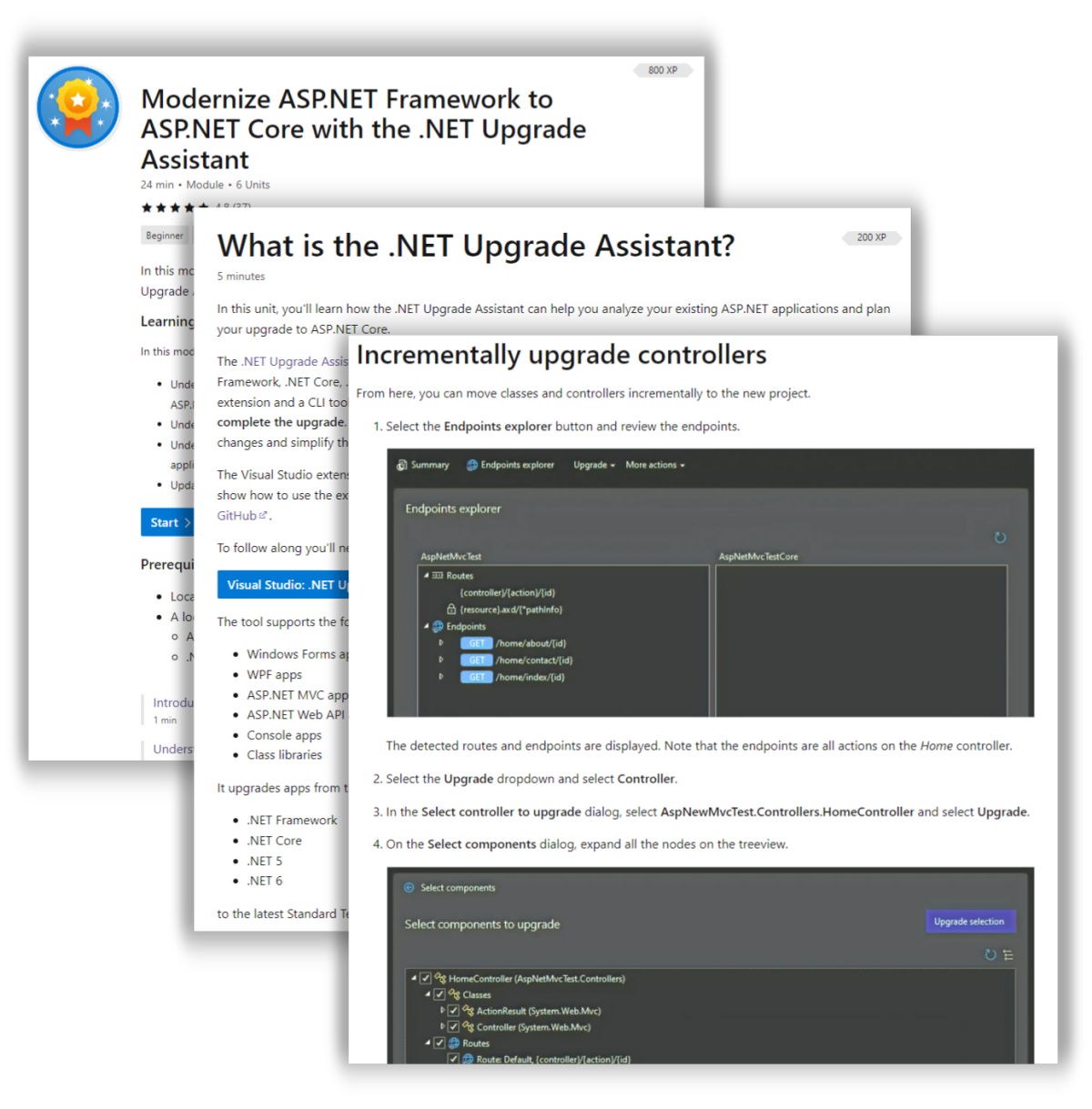 Screenshots of ASP.NET Modernization Learn Module
