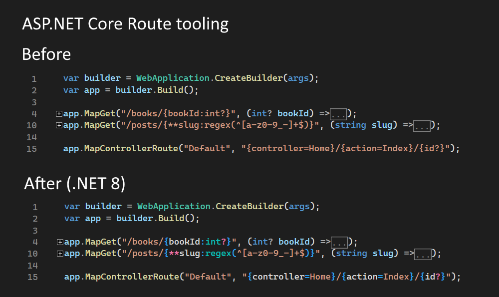 Screenshot of routes with route tooling in .NET 8