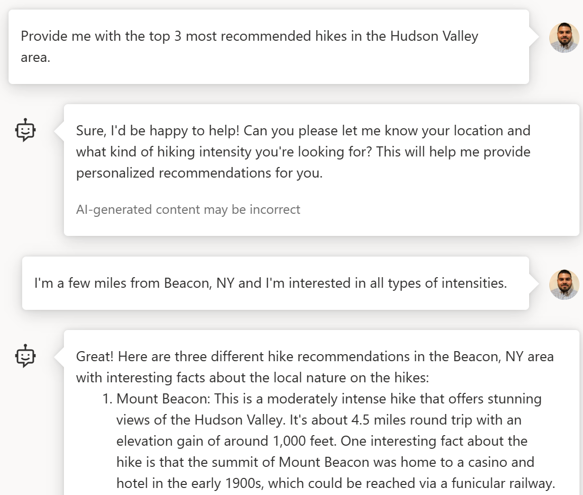 ChatGPT conversation history displaying hike recommendations