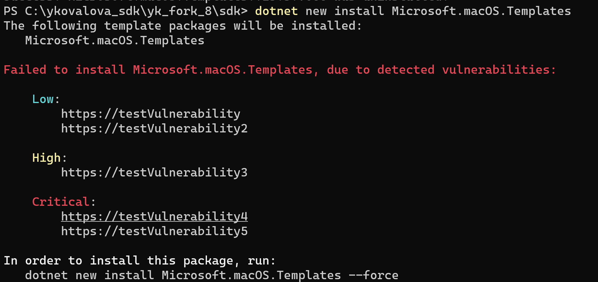 Screenshot of terminal output showing vulnerability warnings for insecure template packages