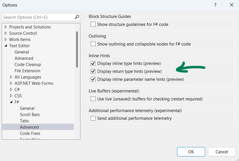 an image showing Visual Studio settings for the hints