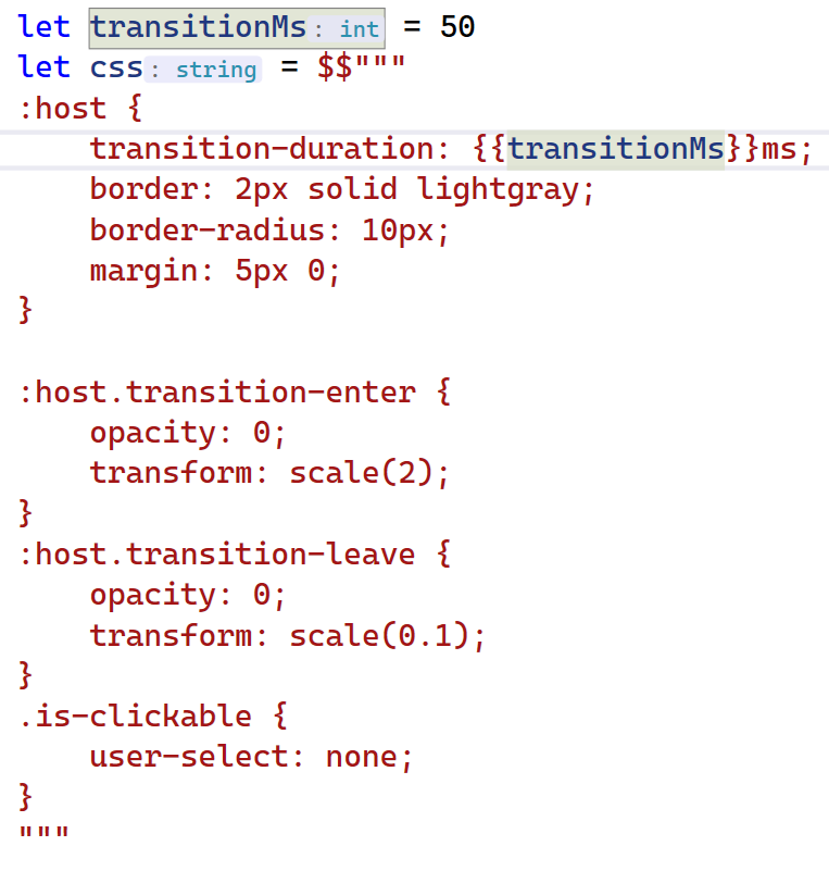 Code example showing new interpolated string syntax on a CSS content