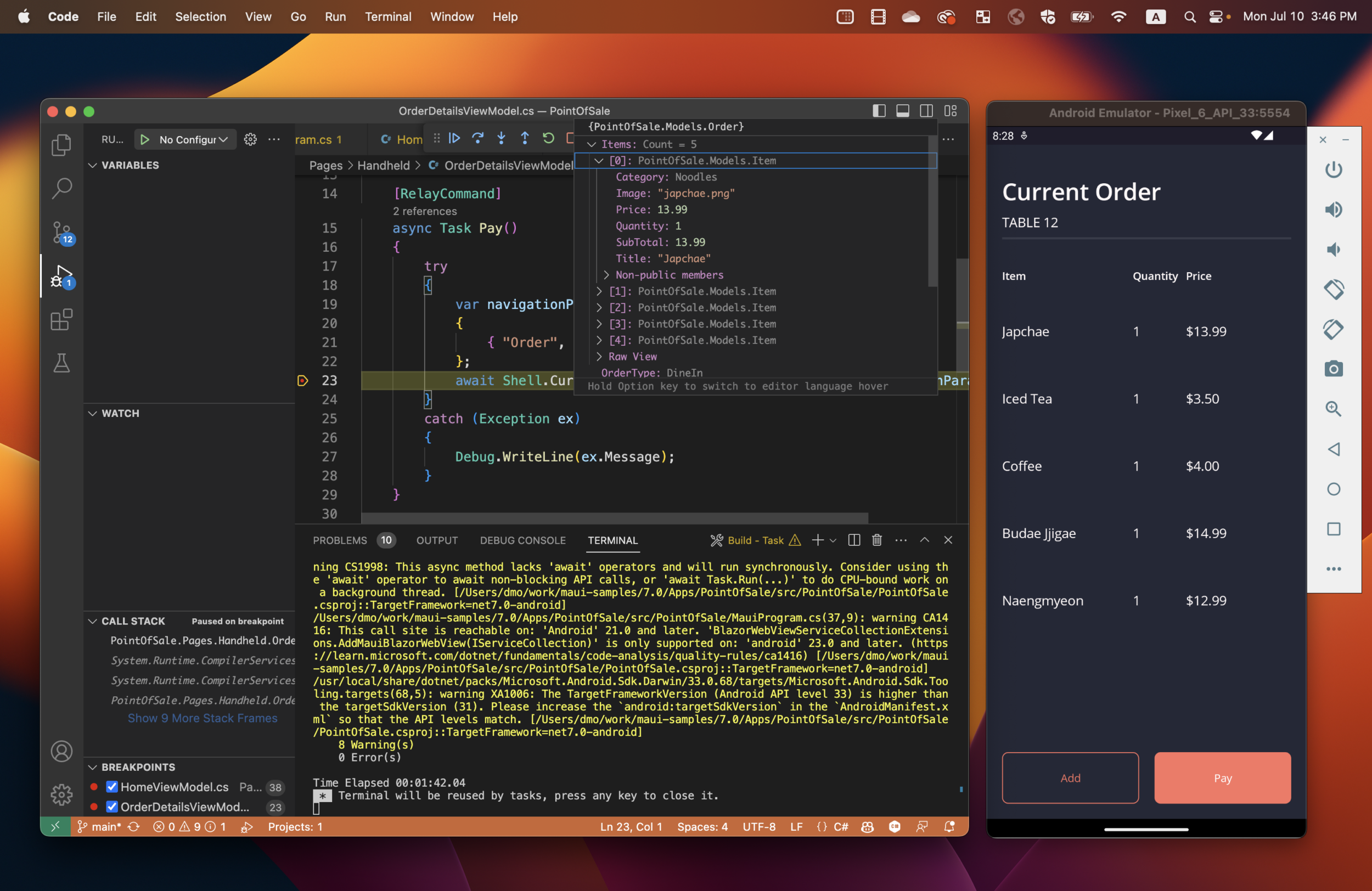screenshot of Visual Studio Code debugging a .NET MAUI app in an Android emulator