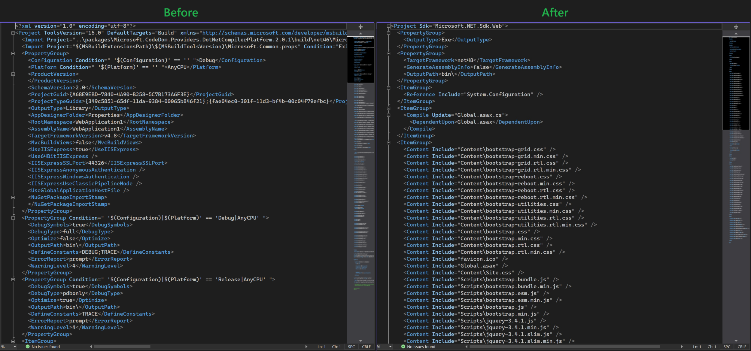 Project file before and after the migration