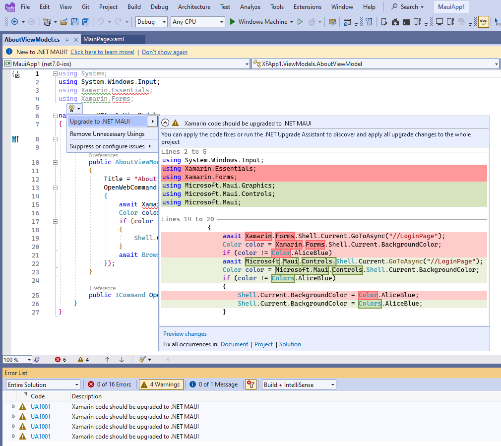 Upgrade Assistant code fixers in Code Editor