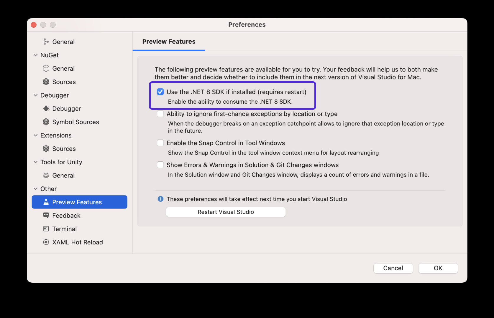 Enable .NET 8 in Visual Studio 2022 for Mac