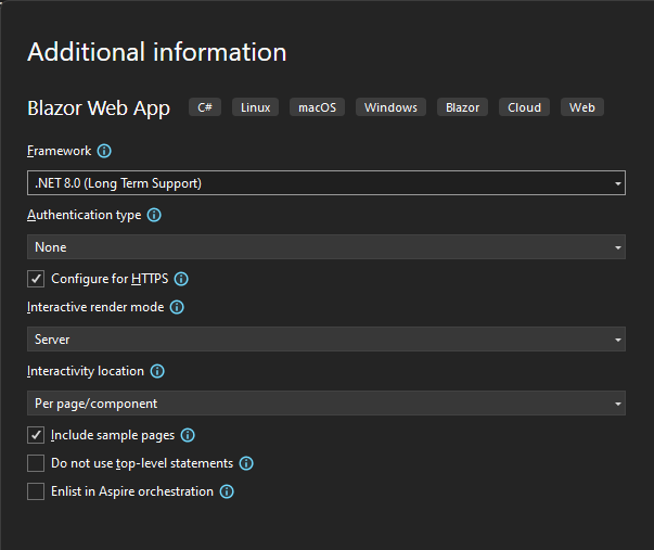Blazor Web App template options