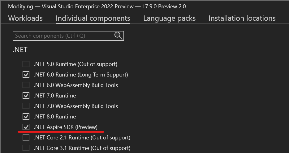 Visual Studio Installer component selection screen with the ".NET Aspire SDK (Preview)" component highlighted