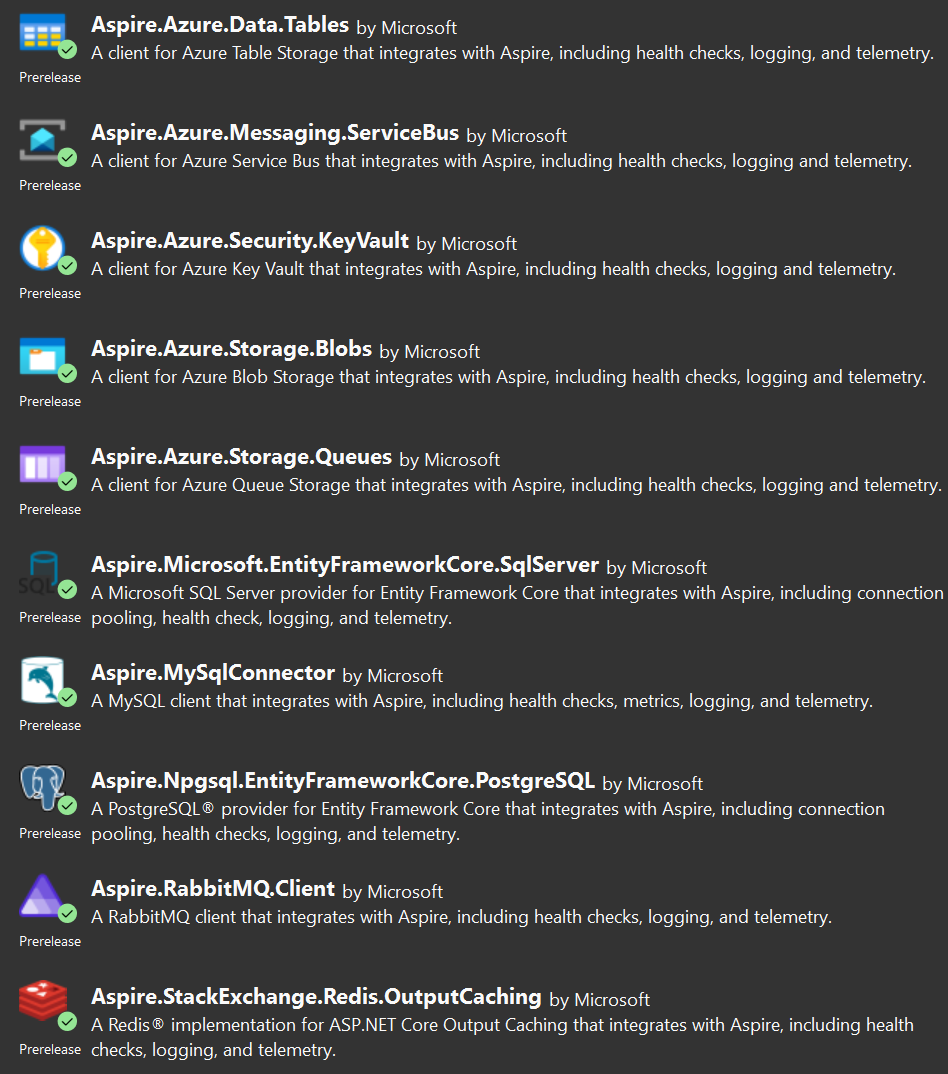 Visual Studio NuGet Package Manager dialog showing a list of Aspire component packages with their icons and descriptions