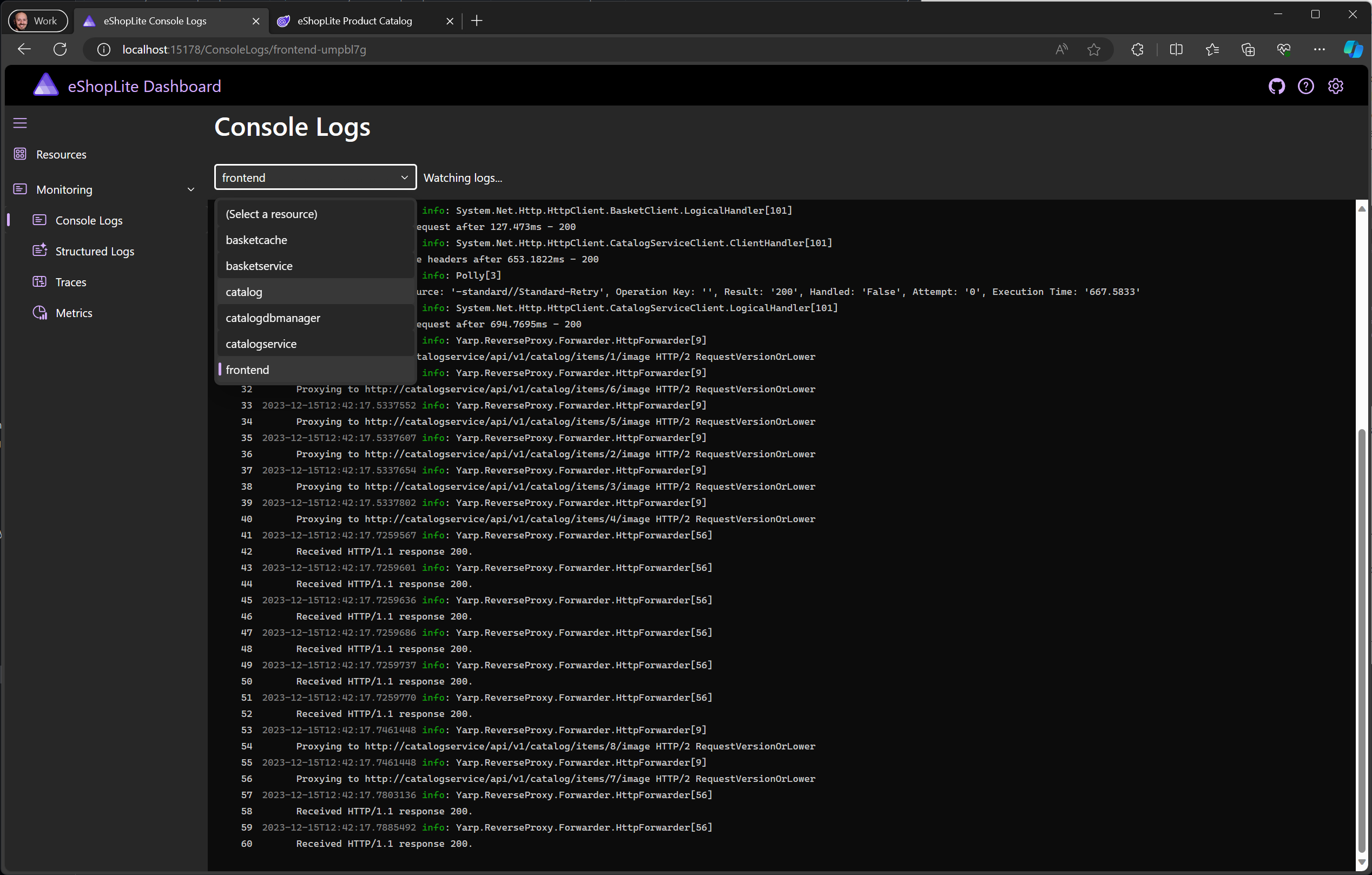A screenshot of the updated .NET Aspire dashboard with console logs for all resources displayed on one page