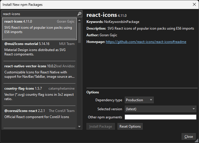 Install New npm Packages dialog