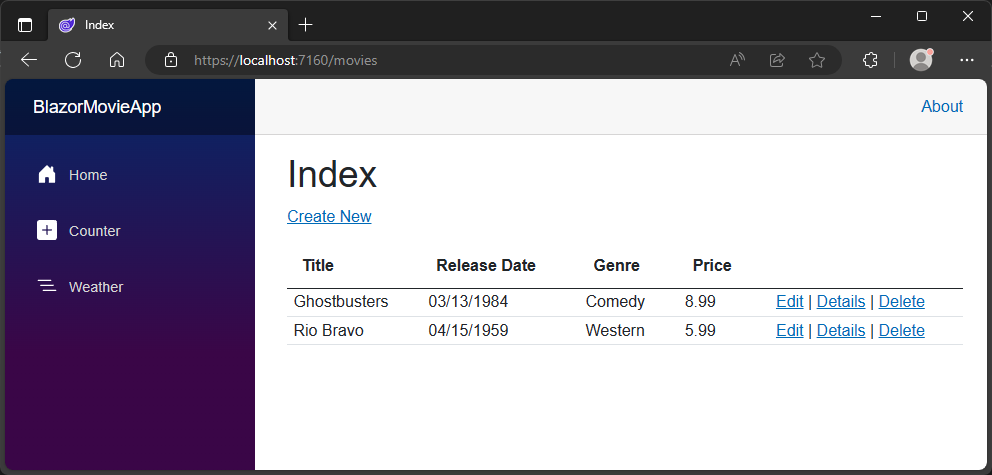 Scaffolded Blazor UI with QuickGrid