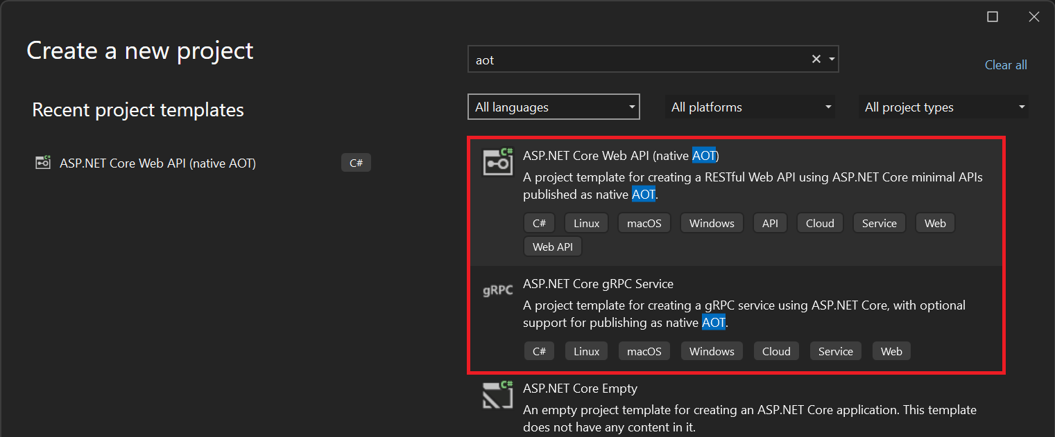 Templates for creating ASP.NET Core projects with native AOT in Visual Studio