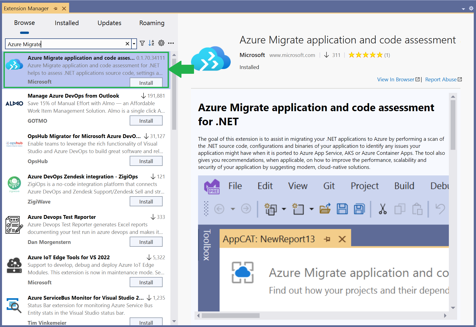 Screenshot of the Azure Migrate application and code assessment for .NET vsix