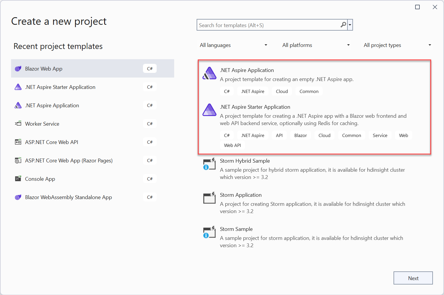 "Visual Studio project creation for .NET Aspire