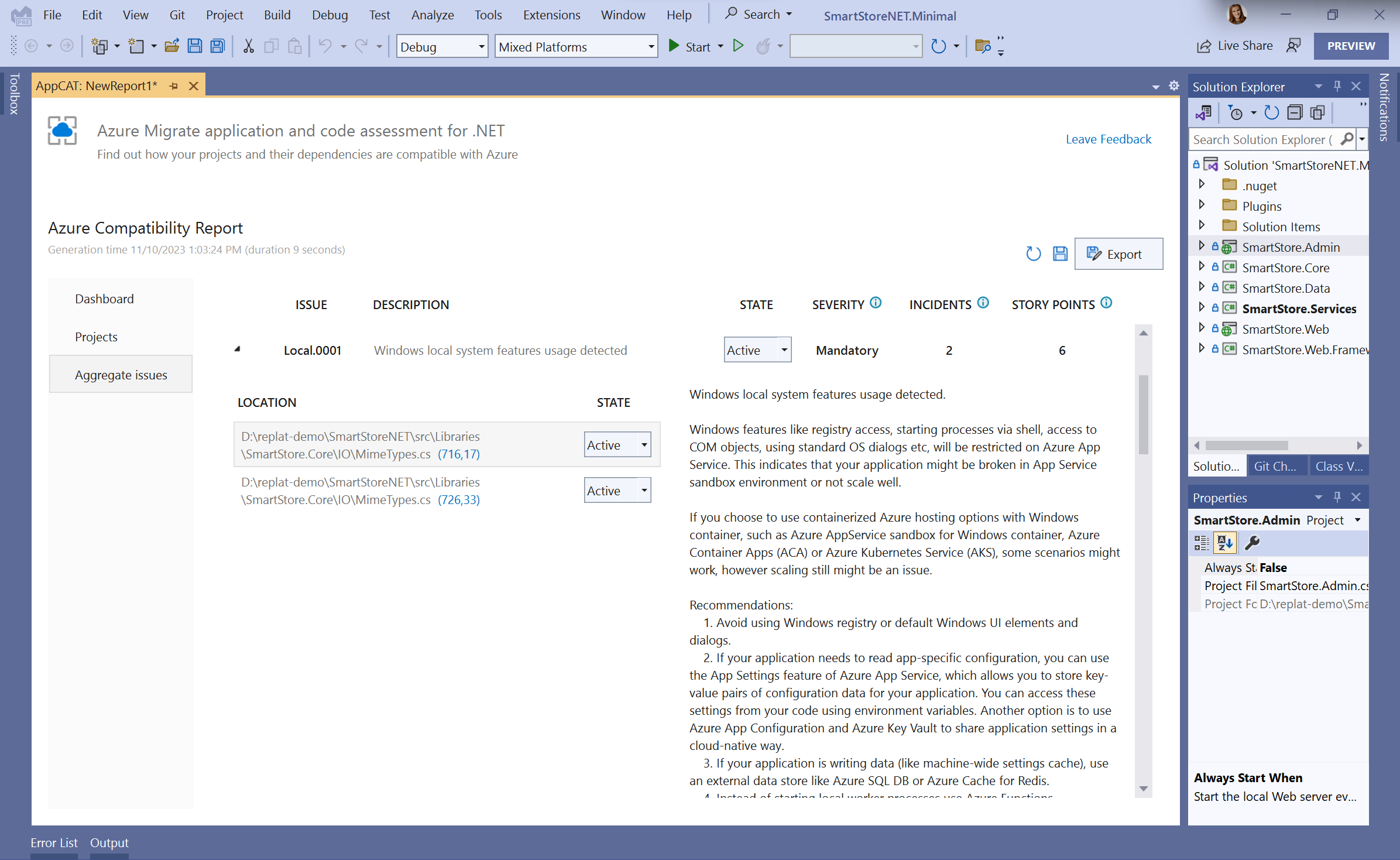 Screenshot of issues description in the Azure Migrate application and code assessment for .NET in Visual Studio