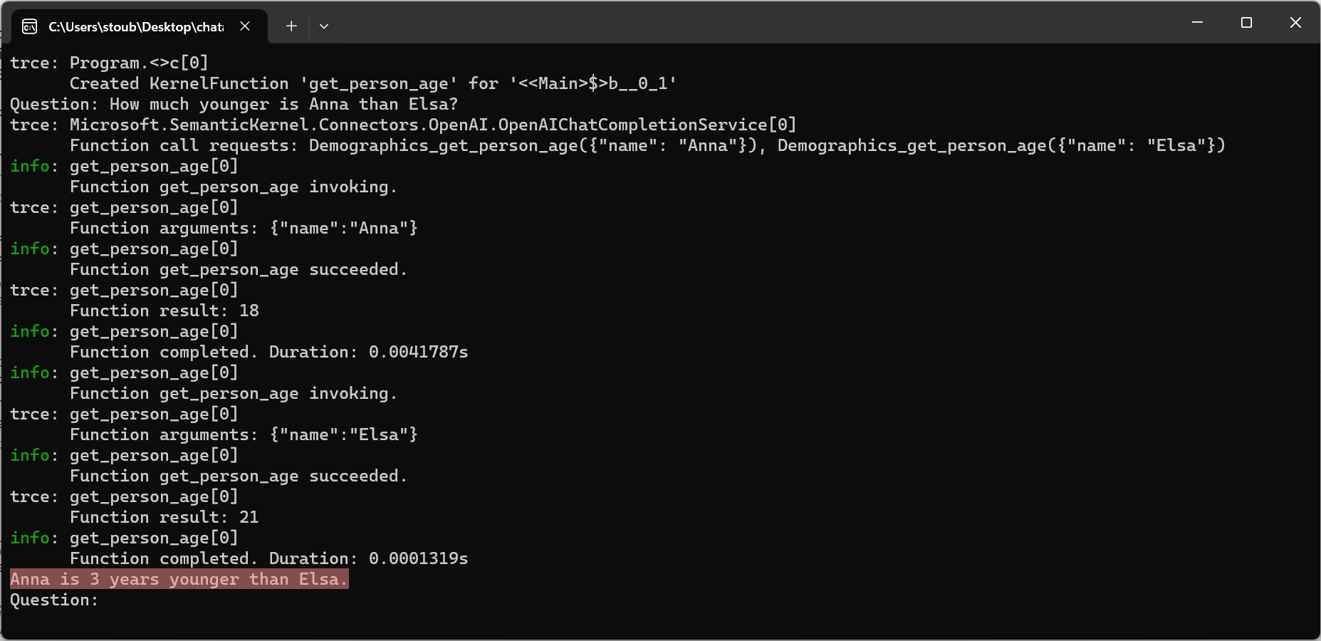 Showing the results of function invocations