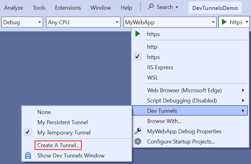 "Debug dropdown showing dev tunnels option with Create tunnel selected"