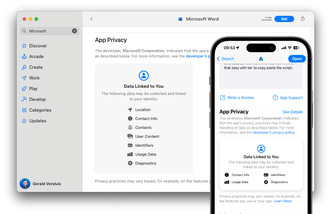 The App Store listings for the Microsoft Word and Azure app on macOS and iOS respectively, showing the App Privacy section.