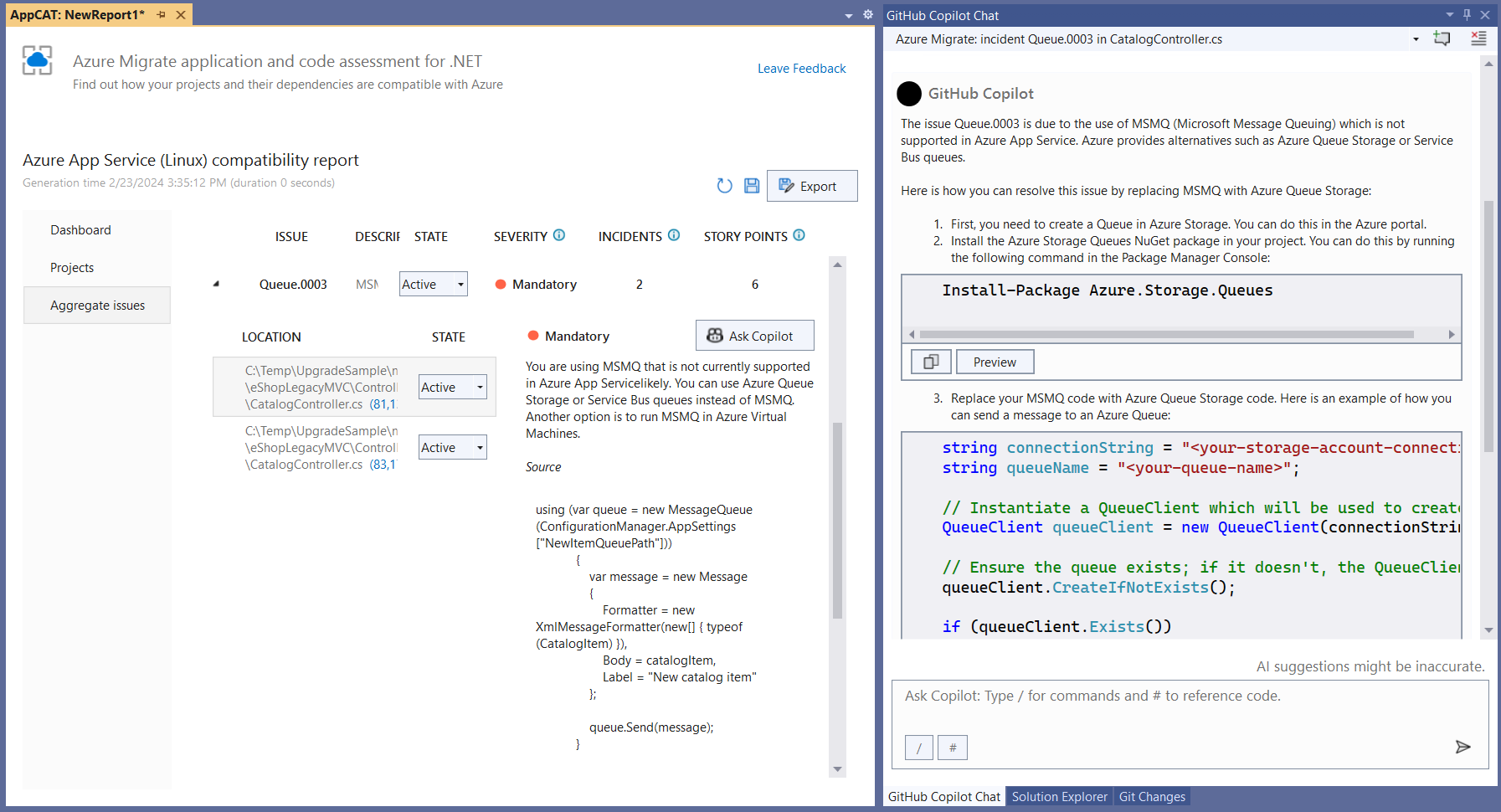 Captura de tela do aplicativo de Migrações para Azure e da interface do usuário da avaliação de código para perguntar ao GitHub Copilot Chat sobre um problema