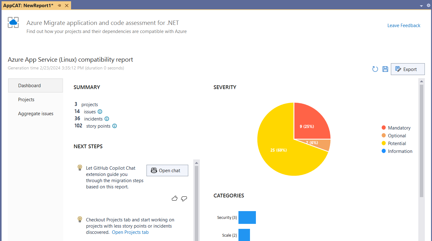 Screenshot of the Azure Migrate application and code assessment's UI for opening GitHub Copilot Chat