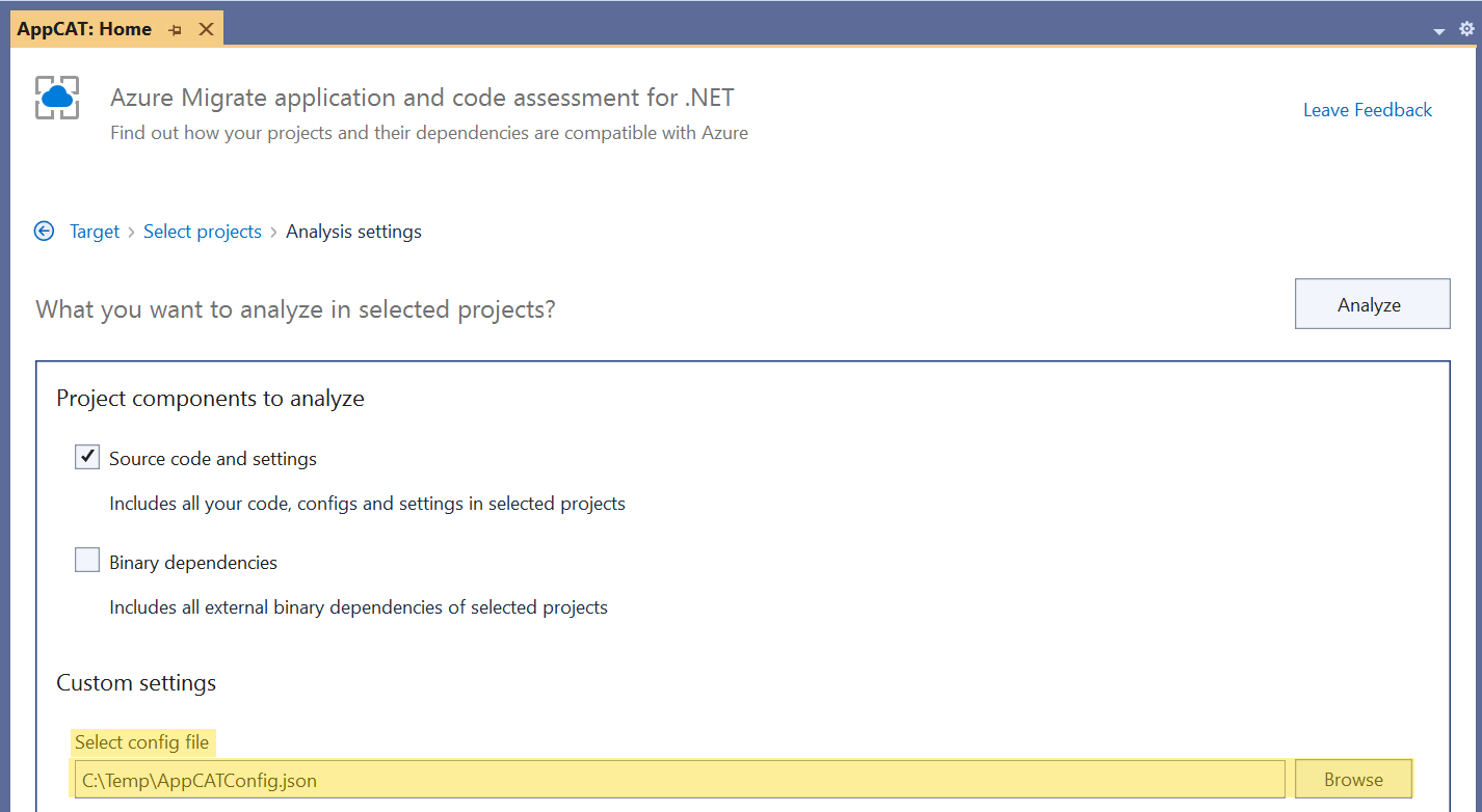 Screenshot of the Azure Migrate application and code assessment's UI for choosing a configuration file