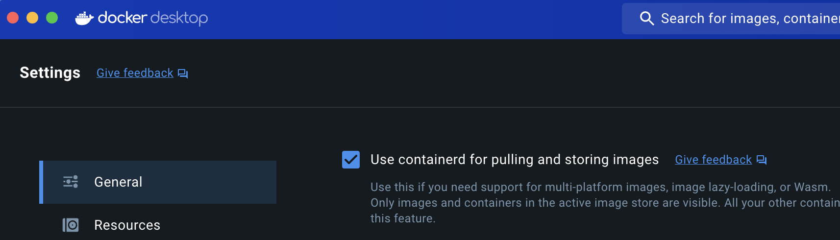 Enable containerd image store in Docker Desktop