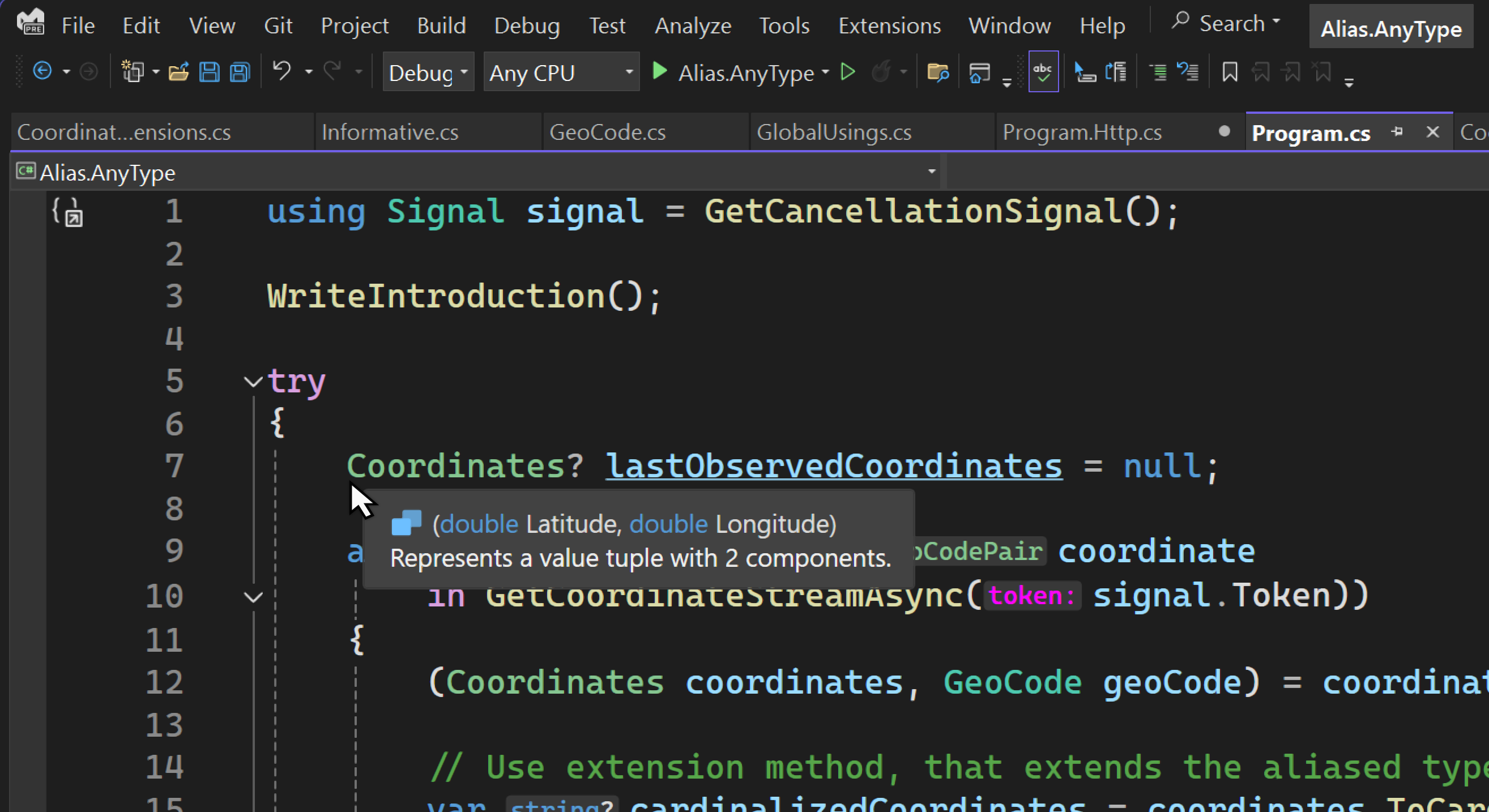 Visual Studio: Hover over the Coordinates type declaration to reveal it's a value tuple (double, double).