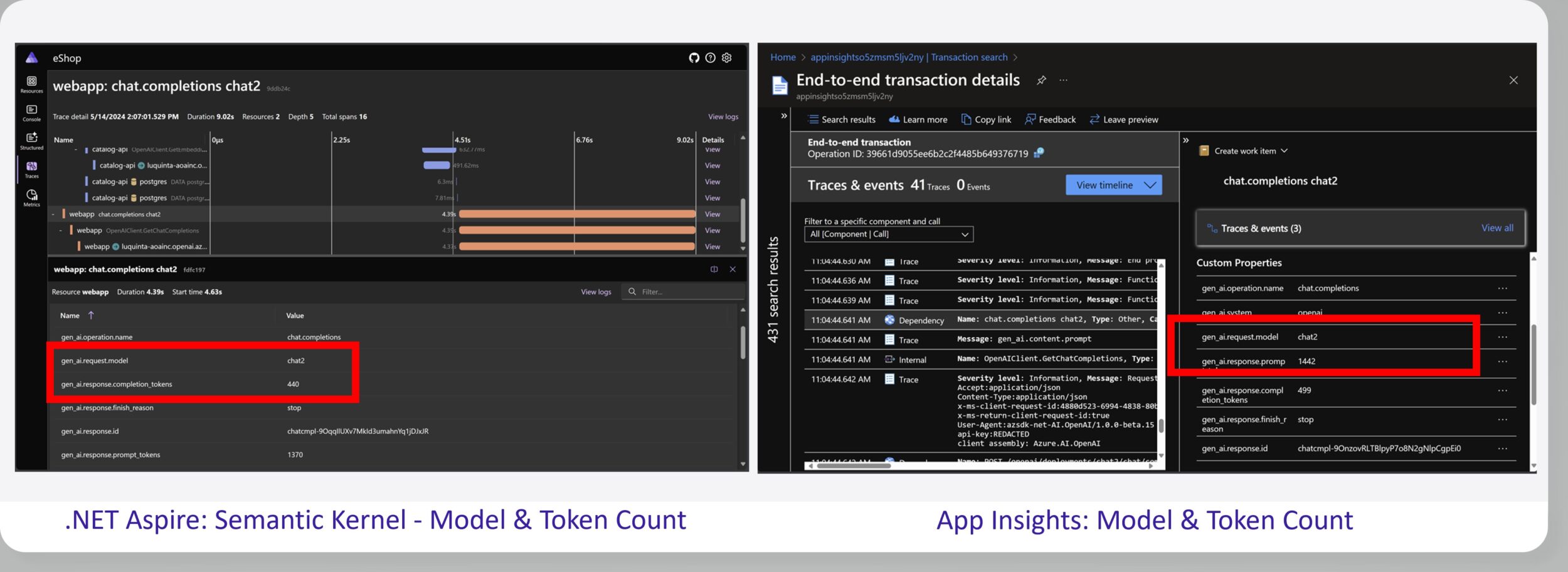 Aspire and app insights showing ai telemetry