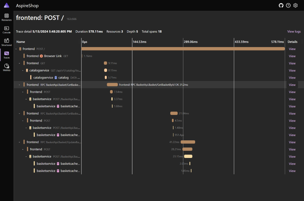 Aspire dashboard showing traces