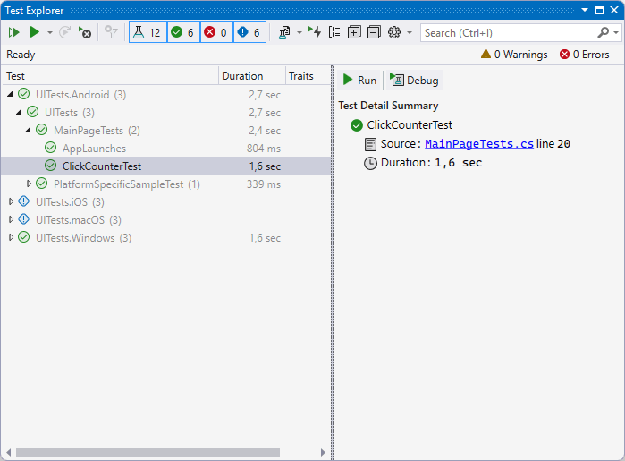 Visual Studio 2022 Test Explorer showing UI tests