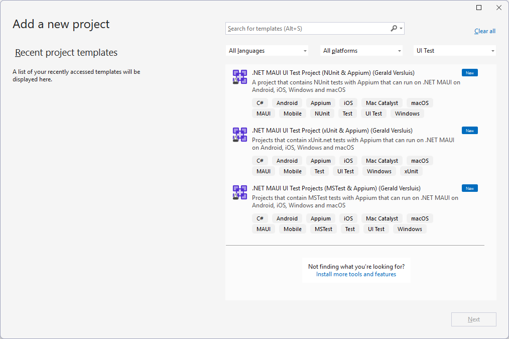 Visual Studio Add Project dialog showing the templates