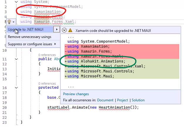 Screenshot of the Upgrade to .NET MAUI lightbulb in Visual Studio