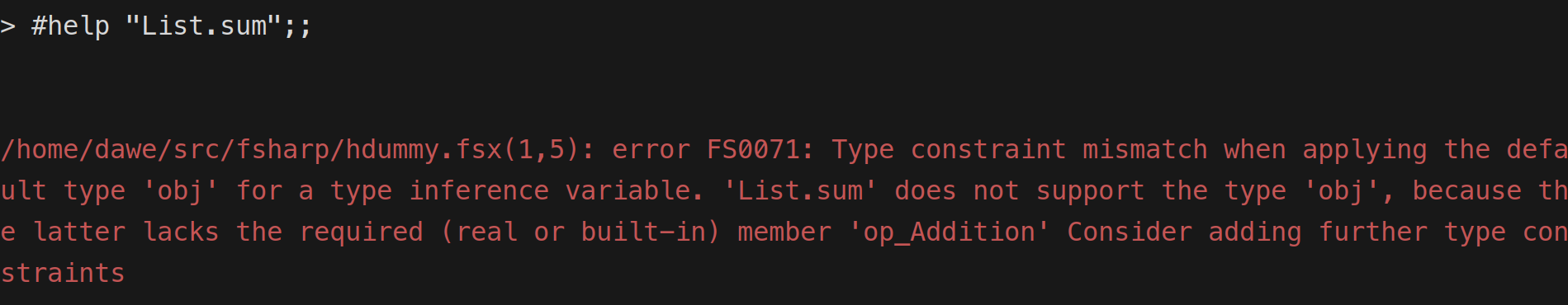 fsi #help List.sum output with an error