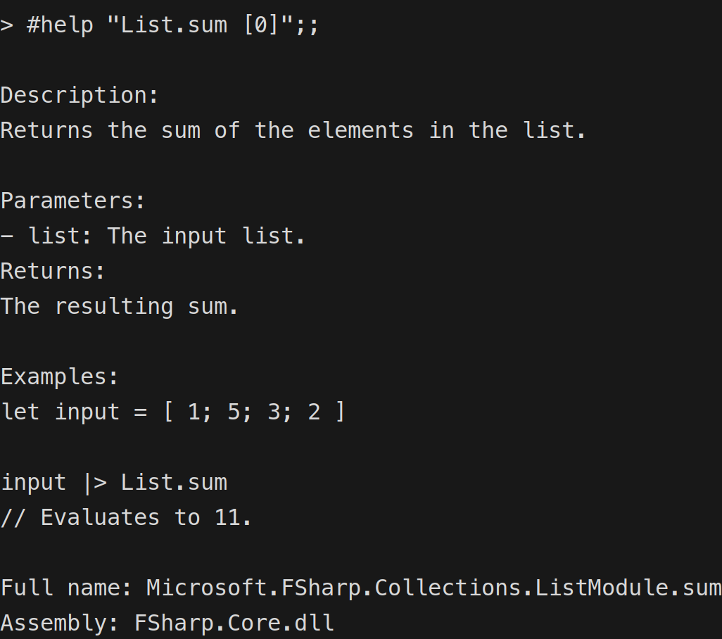 fsi #help List.sum output without the error