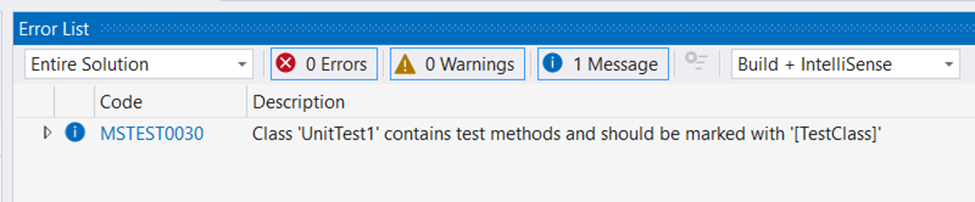 Info message for MSTEST0030 shown in Visual Studio Error List