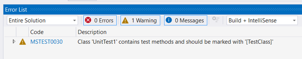 Warning message for MSTEST0030 shown in Visual Studio Error List