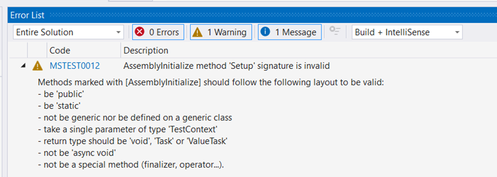 Warning message for MSTEST0012 shown in Visual Studio Error List